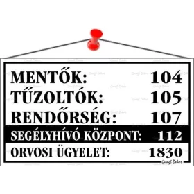   Információs tábla, 22,5x12,5 cm, Mentők tűzoltók, rendőrség telefonszámok, fehér (LUIN028)