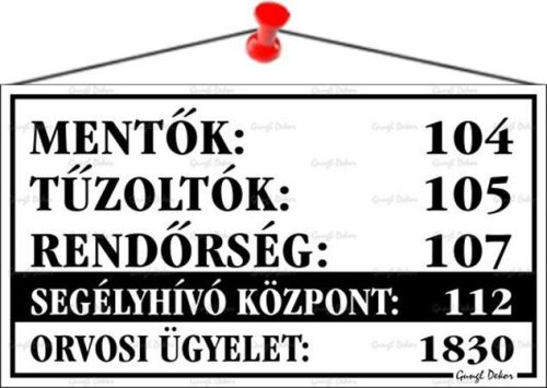 Információs tábla, 22,5x12,5 cm, Mentők tűzoltók, rendőrség telefonszámok, fehér (LUIN028)