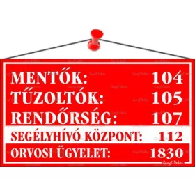   Információs tábla, 22,5x12,5 cm, Mentők tűzoltók, rendőrség telefonszámok, piros (LUIN029)