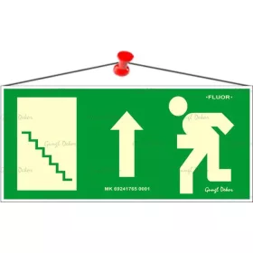   Információs tábla, 25x11,5 cm, fluoreszkáló, utánvilágítós, Menekülési irány fel, lépcső balra (LUIN059)