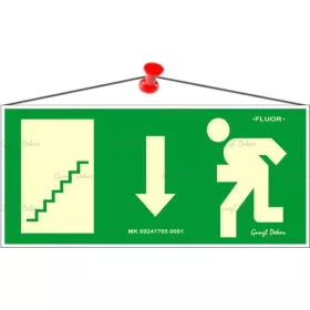   Információs tábla, 25x11,5 cm, fluoreszkáló, utánvilágítós, Menekülési irány le, lépcső balra (LUIN060)