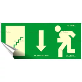   Információs matrica, 25x11,5 cm, fluoreszkáló, utánvilágítós, Menekülési irány le, lépcső balra (LUIN066)