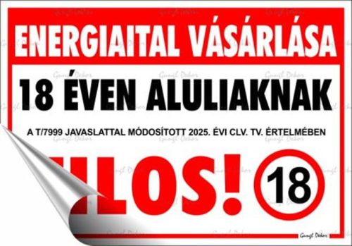 Információs matrica, 11,6x16,6 cm, Energiaital vásárlása 18 éven aluliaknak tilos! (LUIN145)