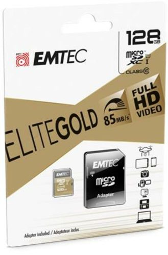 Memóriakártya, microSDXC, 128GB, UHS-I/U1, 85/20 MB/s, adapter, EMTEC Elite Gold (MEMSD128GE)