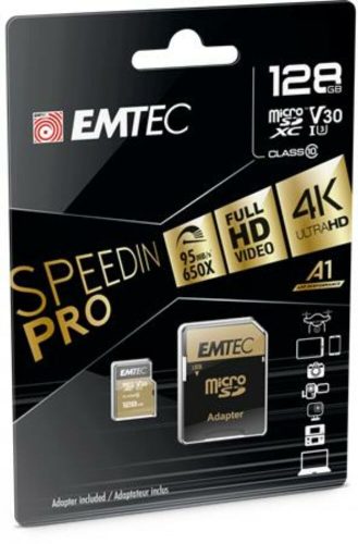 Memóriakártya, microSDXC, 128GB, UHS-I/U3/V30/A2, 100/95 MB/s, adapter, EMTEC SpeedIN (MEMSD128GS)
