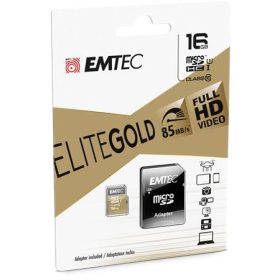   Memóriakártya, microSDHC, 16GB, UHS-I/U1, 85/20 MB/s, adapter, EMTEC Elite Gold (MEMSD16GE)