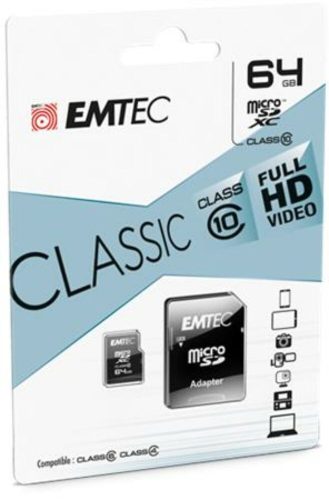 Memóriakártya, microSDXC, 64GB, CL10, 20/12 MB/s, adapter, EMTEC Classic (MEMSD64GC)