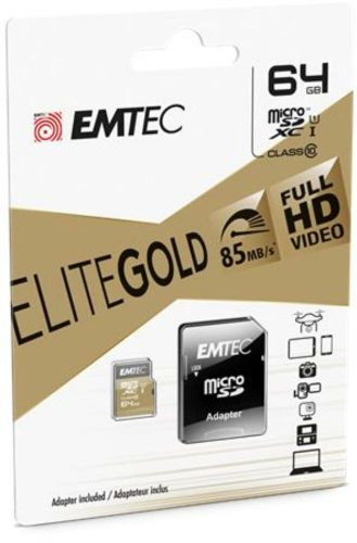 Memóriakártya, microSDXC, 64GB, UHS-I/U1, 85/20 MB/s, adapter, EMTEC Elite Gold (MEMSD64GE)