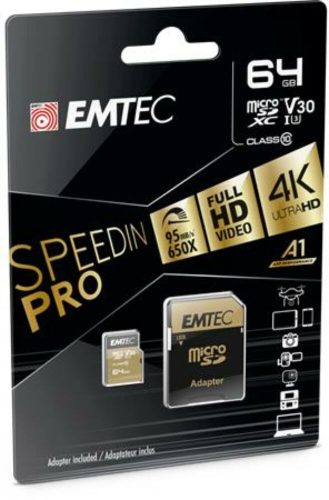 Memóriakártya, microSDXC, 64GB, UHS-I/U3/V30/A2, 100/95 MB/s, adapter, EMTEC SpeedIN (MEMSD64GS)