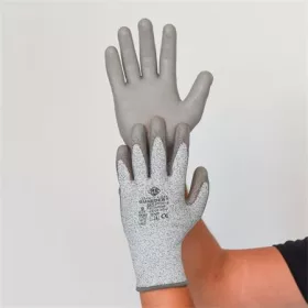   Védőkesztyű, HPPE, tenyerén PU mártott, vágásbiztos, XL méret, szürke (MER082)