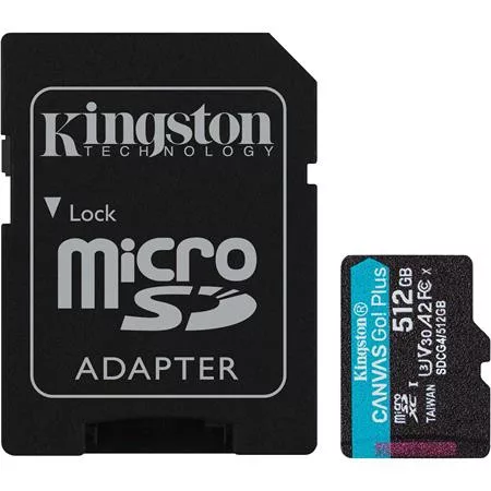 Memóriakártya, microSDXC, 512GB, C10/UHS-I/U3/V30/A2, Gen4, adapter, KINGSTON Canvas Go! Plus (MKMS512CG4)