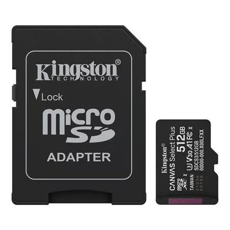Memóriakártya, microSDXC, 512GB, C10/UHS-I/U3/V30/A1, Gen3, adapter, KINGSTON Canvas Select Plus (MKMS512CS3)