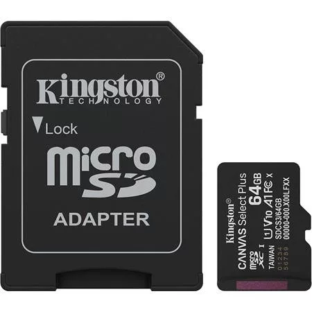 Memóriakártya, microSDXC, 64GB, C10/UHS-I/U1/V10/A1, Gen3, adapter, KINGSTON Canvas Select Plus (MKMS64CS3)
