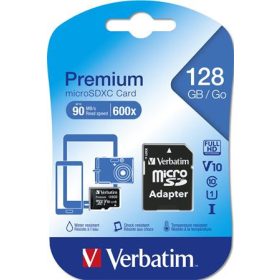   Memóriakártya, microSDXC, 128GB, CL10/U1, 90/10 MB/s, adapter, VERBATIM Premium (MVMS128GHA)