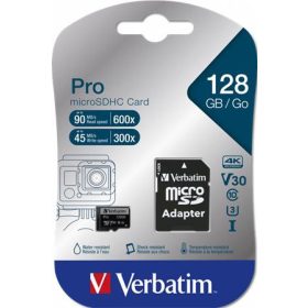   Memóriakártya, microSDXC, 128GB, CL10/U3, 90/45 MB/s, adapter, VERBATIM PRO (MVMS128GP)
