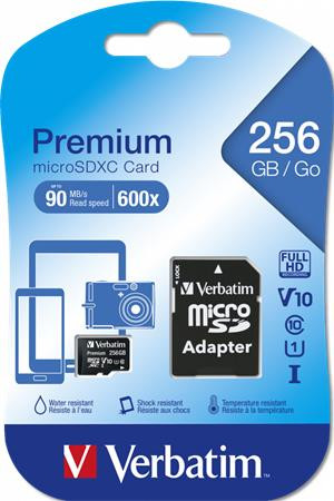 Memóriakártya, microSDXC, 256GB CL10/U1, 90/10 MB/s, adapter, VERBATIM Premium (MVMS256GHA)