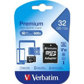   Memóriakártya, microSDHC, 32GB, CL10/U1, 90/10 MB/s, adapter, VERBATIM Premium (MVMS32GHA)