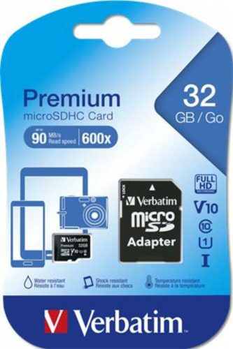 Memóriakártya, microSDHC, 32GB, CL10/U1, 90/10 MB/s, adapter, VERBATIM Premium (MVMS32GHA)