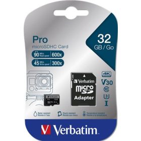   Memóriakártya, microSDHC, 32GB, CL10/U3, 90/45 MB/s, adapter, VERBATIM PRO (MVMS32GP)