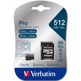   Memóriakártya, microSDXC, 512GB, CL10/U3/A2, 100/90 MB/s, adapter, VERBATIM PRO (MVMS512GP)