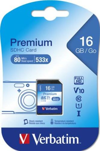 Memóriakártya, SDHC, 16GB, CL10/U1, 80/10 MB/s, VERBATIM Premium (MVS16GH)