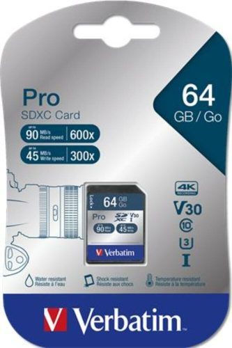 Memóriakártya, SDXC, 64GB, CL10/U3, 90/45MB/sec, VERBATIM PRO (MVS64GP)