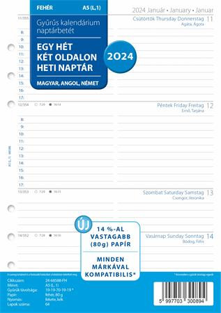 Kalendárium betét, tervező Filofaxhoz, A5, heti, 1 hét/2 oldal, 2024 (NFX6858824)