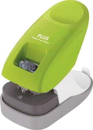 Kapocs nélküli tűzőgép, asztali, 10 lap, PLUS, zöld (PLUS31261)