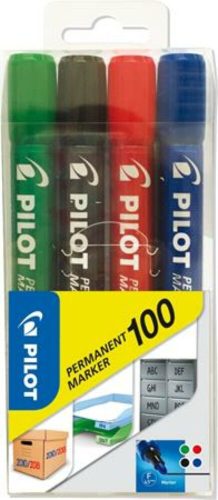 Alkoholos marker, 1 mm, kúpos, PILOT Permanent Marker 100, 4 szín (PPM100S4)