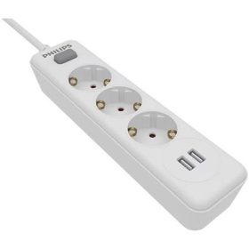   Elosztósor, 3 csatlakozóaljzat, 2xUSB-A, 2 m kábel, PHILIPS, fehér (PSPN3032WA)