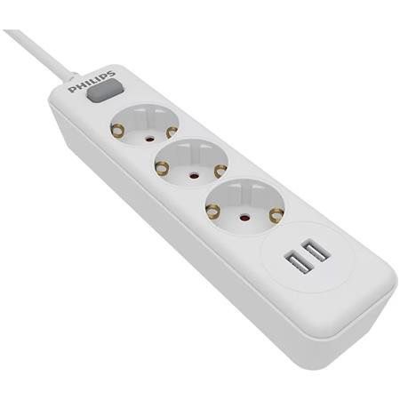 Elosztósor, 3 csatlakozóaljzat, 2xUSB-A, 2 m kábel, PHILIPS, fehér (PSPN3032WA)