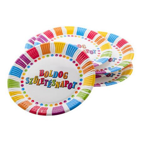 Tányér, papír, 23 cm, Boldog születésnapot, csíkos-pöttyös (PTF44312109)