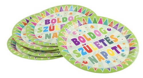Tányér, papír, 23 cm, Boldog születésnapot, zászlós (PTFUN045)