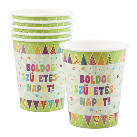 Pohár, papír, 2,5 dl, Boldog születésnapot, zászlós (PTFUN046)
