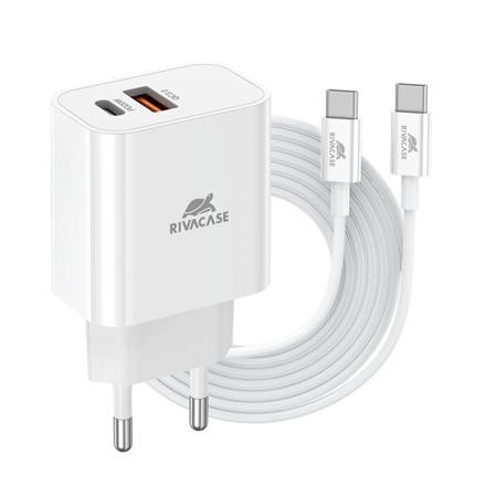 Hálózati töltő, 20W, USB-A és USB-C, USB-C, USB-C/USB-C töltőkábel, RIVACASE PS4102, fehér (RHPS4102)