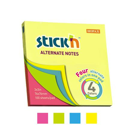 Öntapadó jegyzettömb, 76x76 mm, 100 lap, STICK N, neon színek (SN21822)