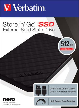 SSD (külső memória), 512GB, USB 3.2 VERBATIM Store n Go, fekete (SVM512G)