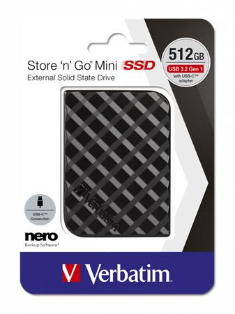 SSD (külső memória), 512GB, USB 3.2 VERBATIM Store n Go Mini, fekete (SVM512GM)