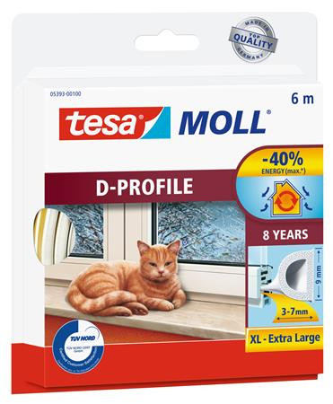 Ajtó- és ablaktömítő szalag, 9 mm x 6 m, TESA tesamoll® D profil, fehér (TE05393F)