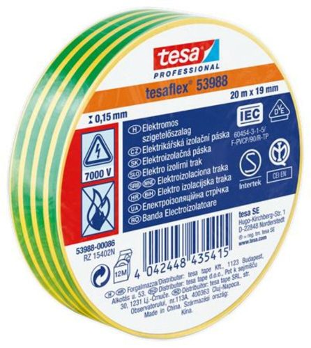 Szigetelőszalag, 19 mm x 20 m, TESA Professional, zöld-sárga (TE53988)