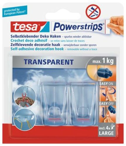 Műanyag akasztó ragasztócsíkkal, TESA Powerstrips®, átlátszó (TE58813)