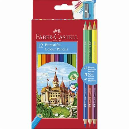 Színes ceruza készlet, hatszögletű, FABER-CASTELL, 12 különböző szín + 3 db bicolor ceruza (TFC110312)