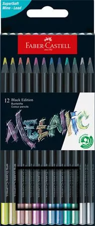 Színes ceruza készlet, háromszögletű, FABER-CASTELL Black Edition,  12 különböző metál szín (TFC116415)