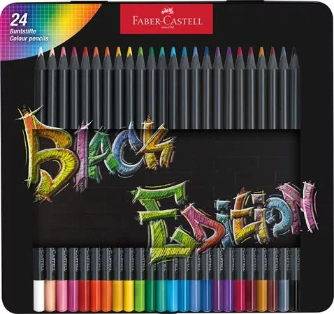 Színes ceruza készlet, háromszögletű, fémdobozban, FABER-CASTELL Black Edition,  24 különböző szín (TFC116425)