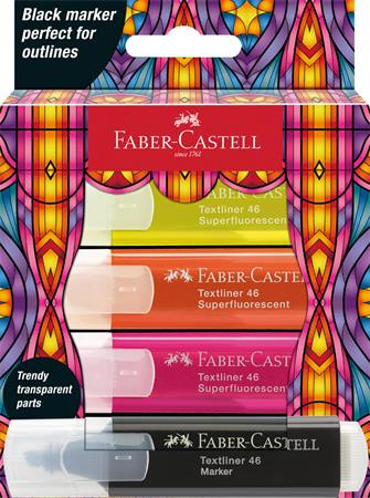 Szövegkiemelő készlet, FABER-CASTELL Glassy, 3 különböző neon szín + fekete (TFC254693)
