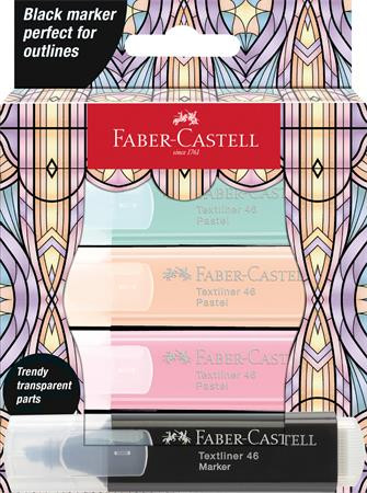 Szövegkiemelő készlet, FABER-CASTELL Glassy, 3 különböző pasztell szín + fekete (TFC254694)