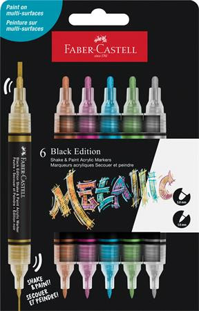 Dekormarker készlet, 1,0/3,0 mm, kétvégű, akril, FABER-CASTELL Shake&Paint, 6 különböző metál szín (TFC285517)