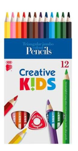 Színes ceruza készlet, háromszögletű, vastag, ICO Creative kids, 12 különböző szín (TICCKV12)