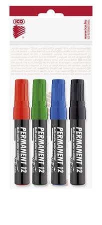 Alkoholos marker készlet, 1-4 mm, vágott, ICO Permanent 12, 4 különböző szín (TICP12V4)