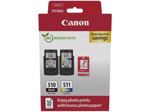 PG510/CL511 Tintapatron multipack + GP-501 fotópapír, Pixma MP240 nyomtatóhoz, CANON, fekete, színes, 220+240 o. + 50 ív (TJCPG510PP)